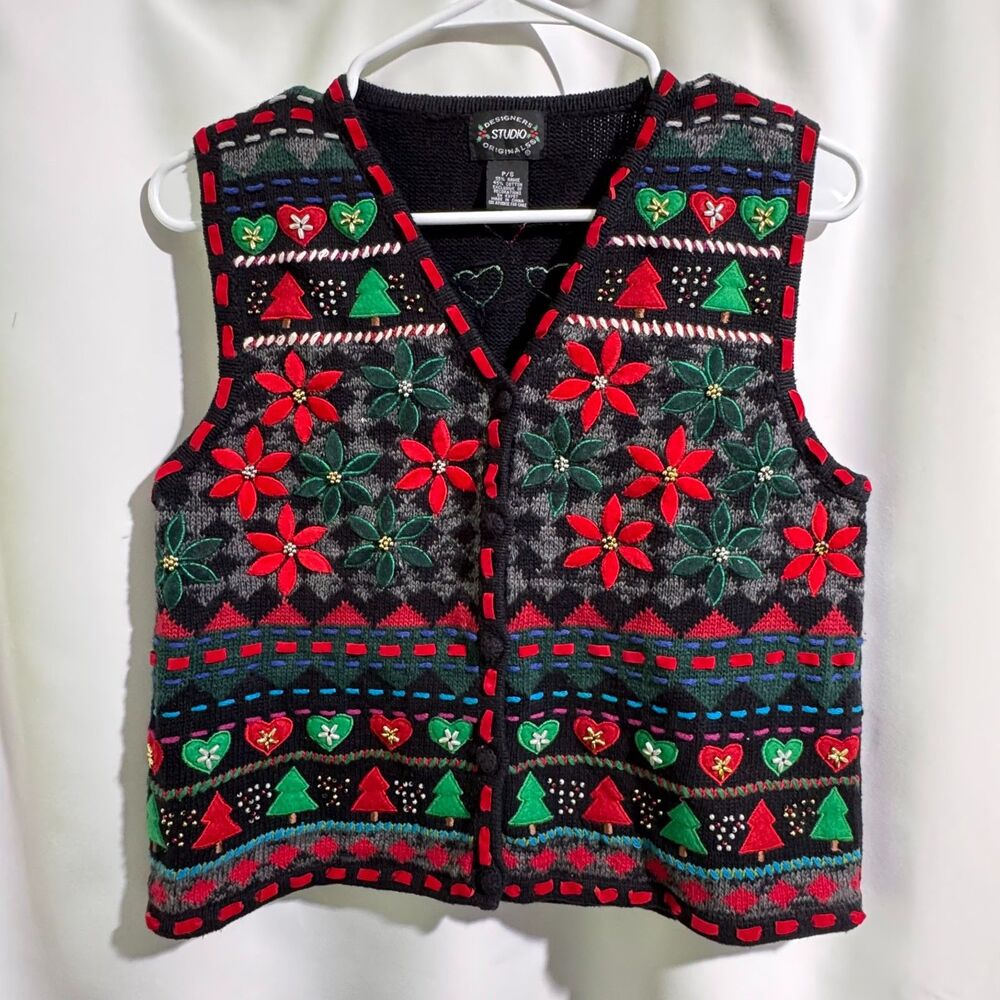 Vintage Designers Studio Originals Christmas Sweater Vest Ugly Women Small Beads